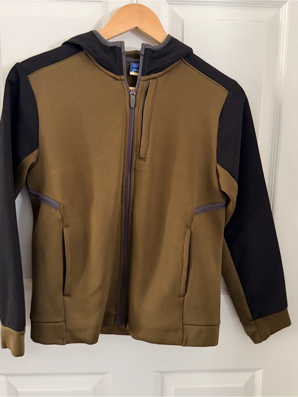 Old Navy Olive Green and Black Boys' Zip-Up Hooded Techie Fleece Jacket